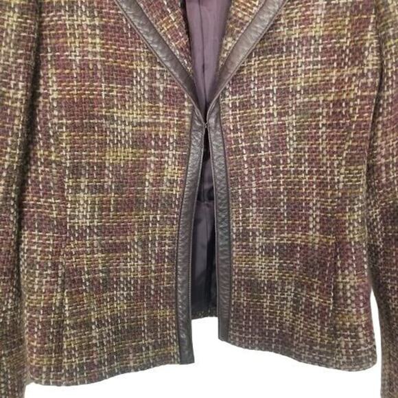 Arkis Womens Wool Alpaca Tweed Blazer Size 8 Leather Trim Dark Academia Career - Picture 3 of 10